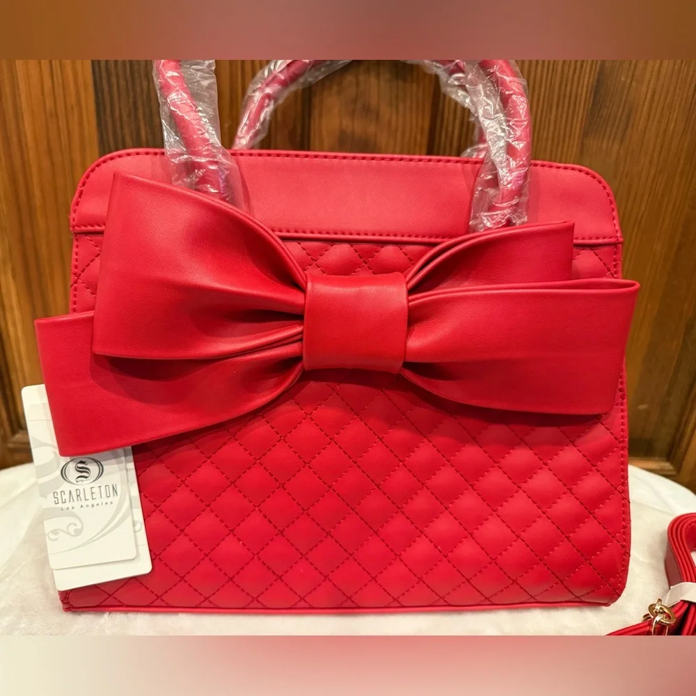 Scarleton Red Quilted Bow Satchel Handbag Crossbody Vegan Leather- NWT - Picture 2 of 8